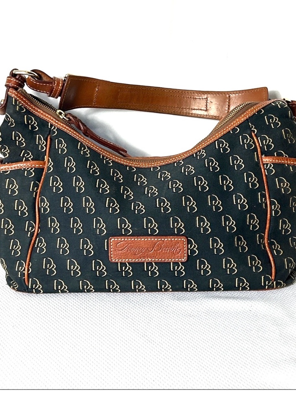 Dooney & Bourke Signature DB Logo Canvas Shoulder Bag Black Brown Leather
